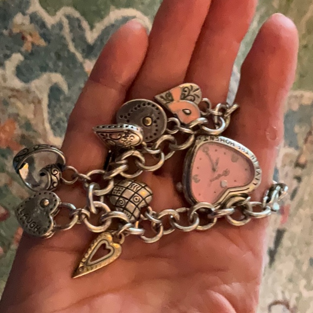 Sterling Silver Heart Charm Bracelet with Pink Heart Watch Charm